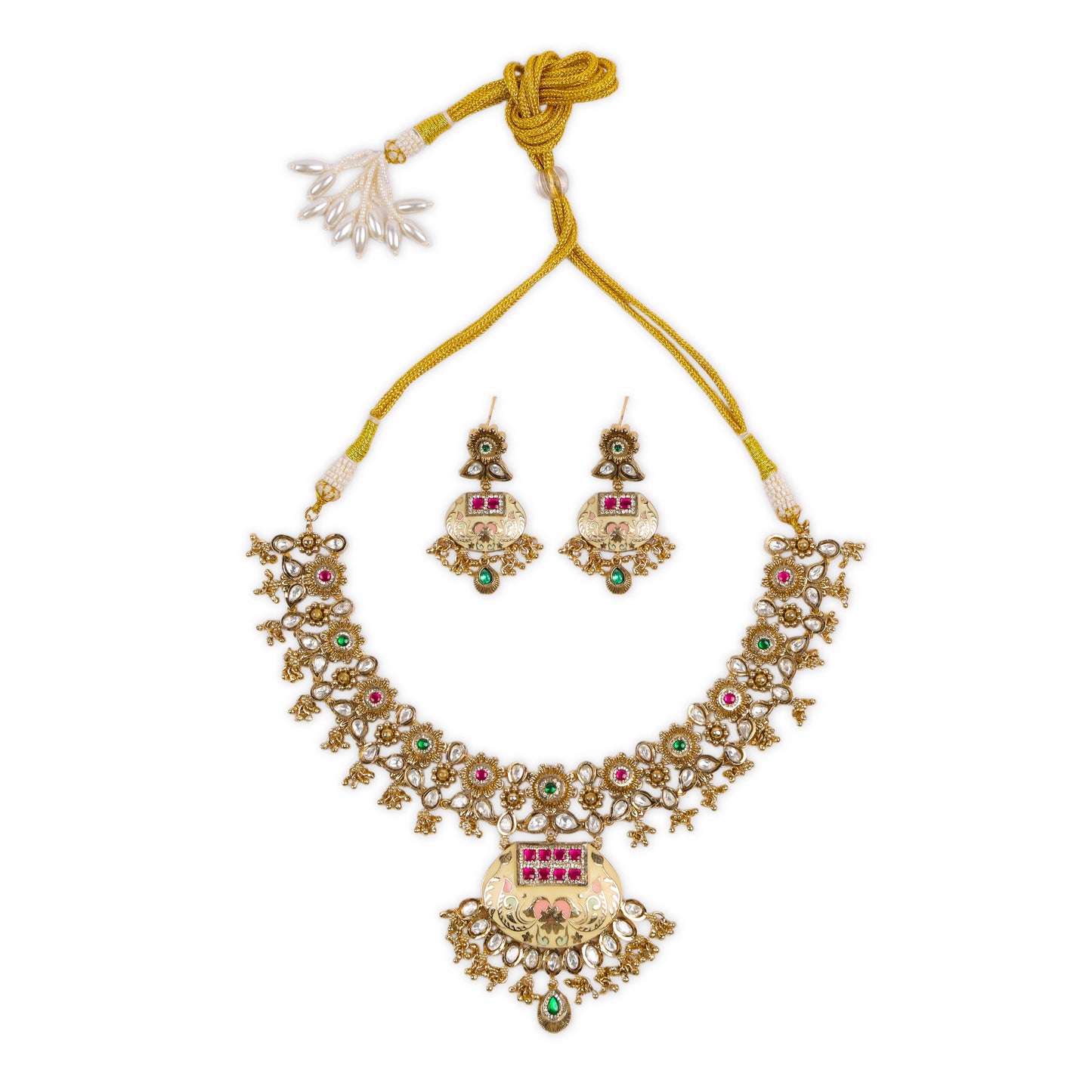 Antique Gold polished Rajwadi necklace with meenakari work studded with polki, kundan embellishments