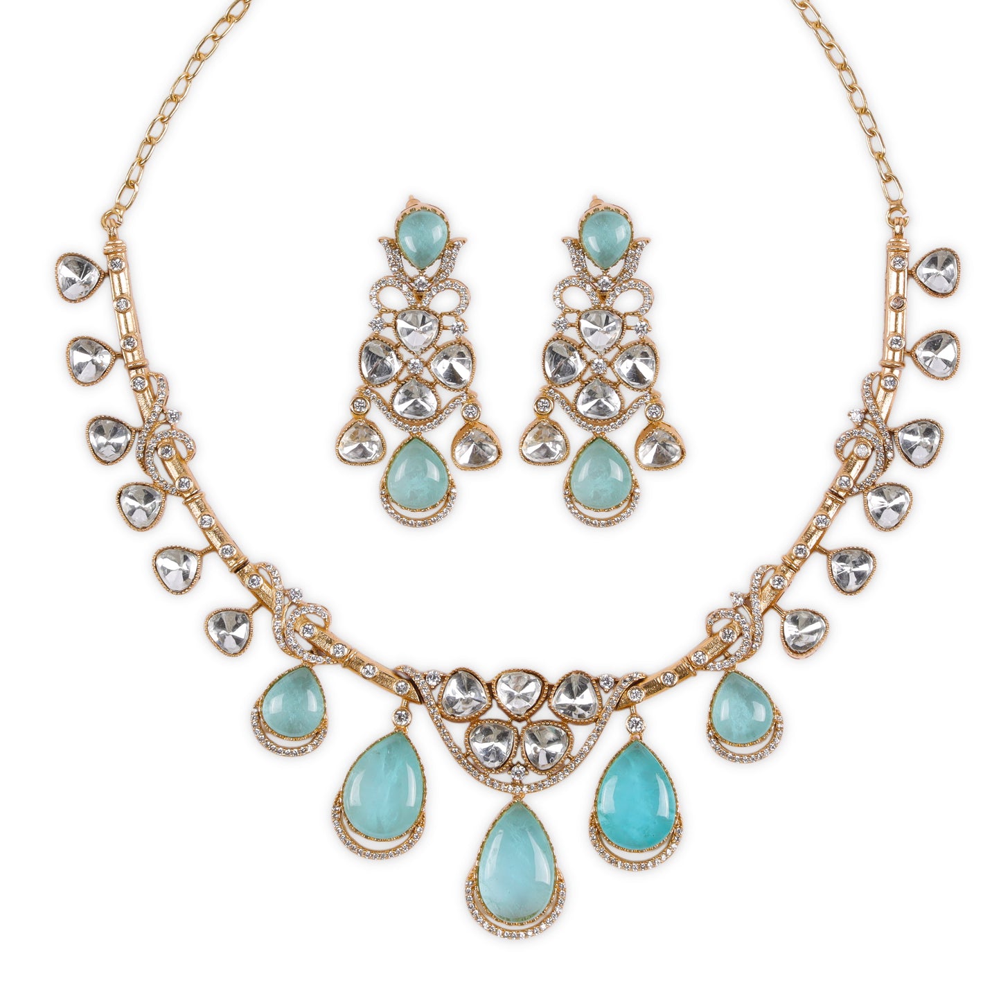 American Diamond-Studded Moissanite Kundan Jewellery Set in Elegant Brass Metal