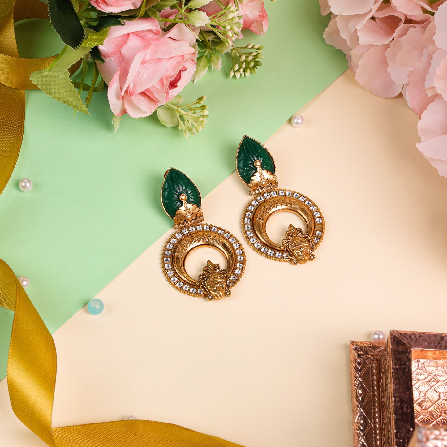 Indo-Western Style Pachi Kundan Earrings Crafted from bottle green carved stone, and durable brass the antique matte gold polish gives a timeless Blend of tradition and modern elegance