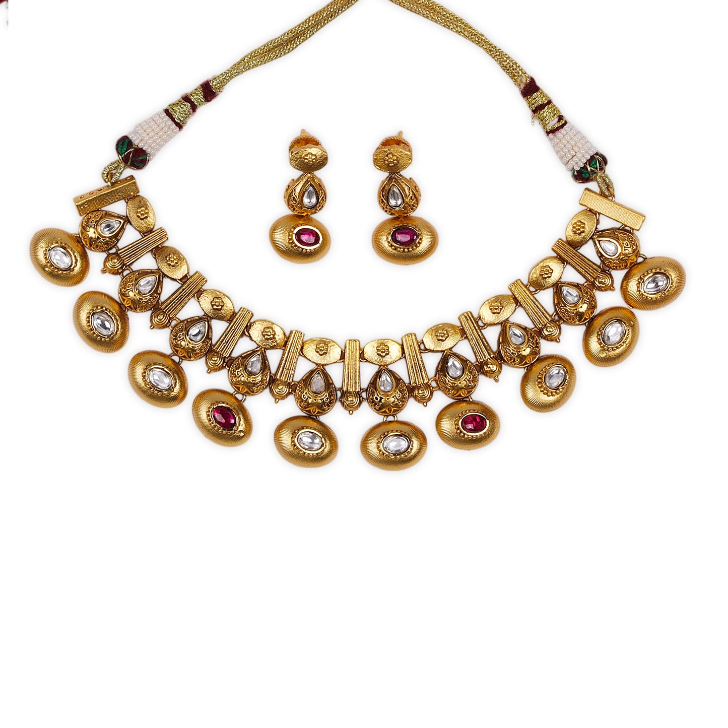 Kadi style Gold polished Rajwadi necklace set adorned with Kundan and Rubi stones