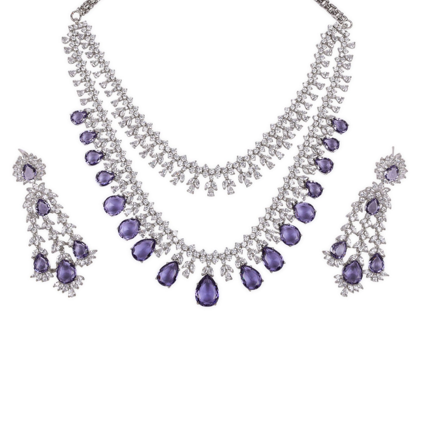 Elegant AD (American Diamond) Two-Line Necklace Set Adorned with Light Purple Stones and Matching Hanging-Style Earrings