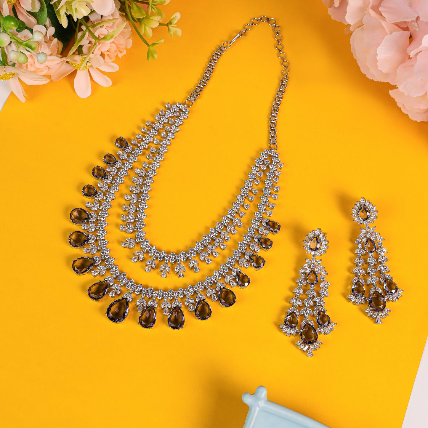 Elegant AD (American Diamond) Two-Line Necklace Set Adorned with Light Purple Stones and Matching Hanging-Style Earrings