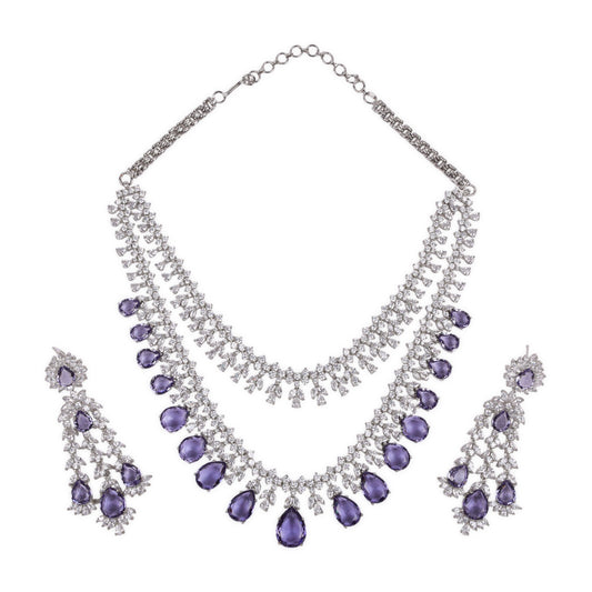 Elegant AD (American Diamond) Two-Line Necklace Set Adorned with Light Purple Stones and Matching Hanging-Style Earrings