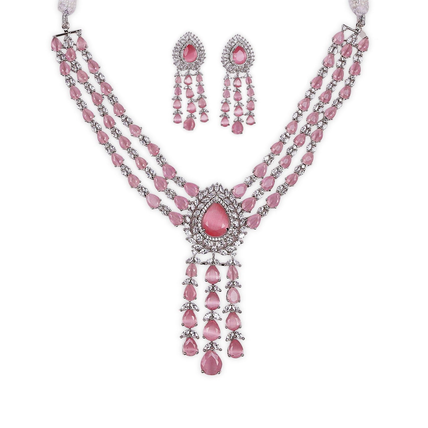 Bollywood-Inspired AD 3-Line V-Neck Necklace Set with Light Pink Stones and Matching Dangle Earrings, Crafted from Premium Brass Metal
