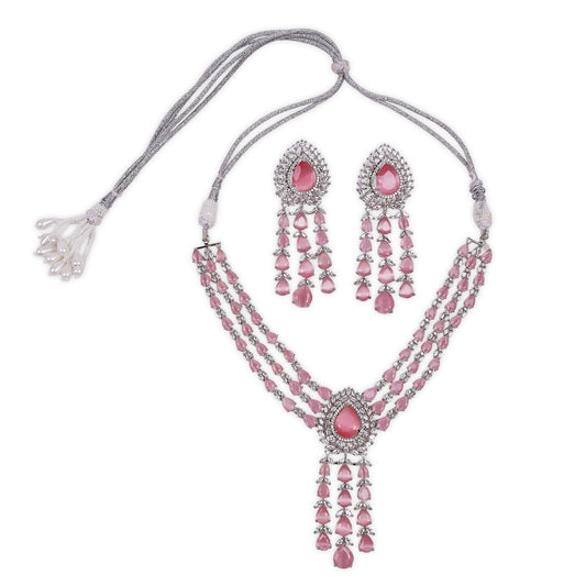 Bollywood-Inspired AD 3-Line V-Neck Necklace Set with Light Pink Stones and Matching Dangle Earrings, Crafted from Premium Brass Metal