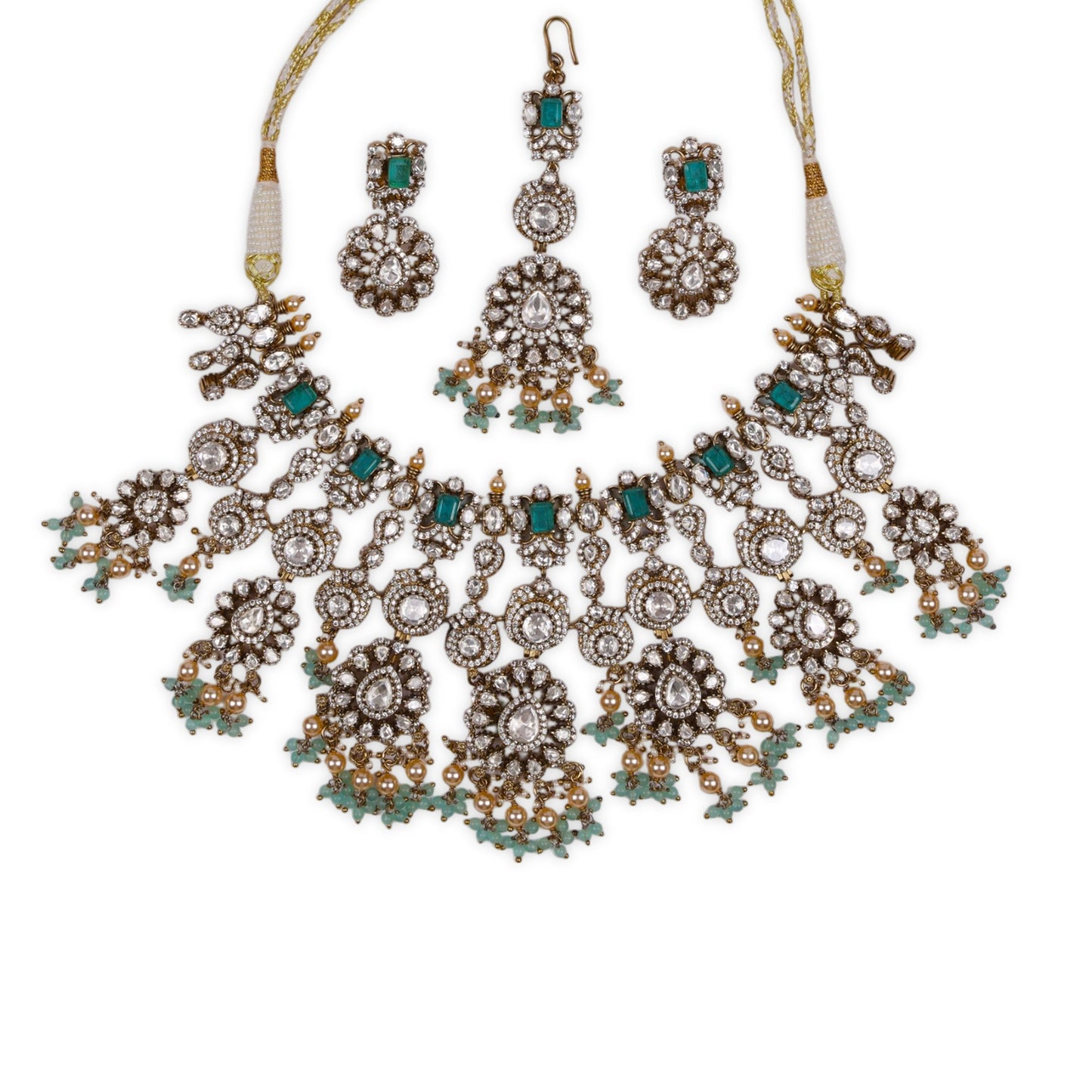 Stunning Moissanite Kundan Set with Sea-Green Droppings, Intricate Gold-Toned Setting, and AD (American Diamond) Embellishments for a Grand and Graceful Look