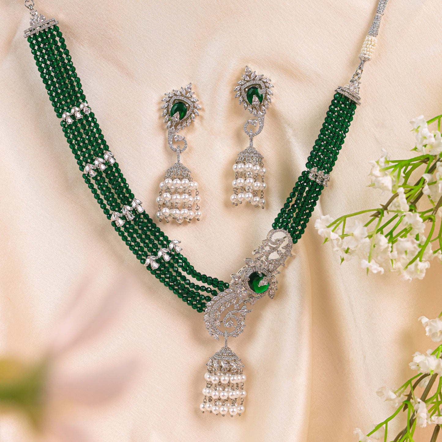 Designer AD Creation Necklace Set featuring Exquisite Hydro Green Beads, Rhodium Polished for a Stunning Finish