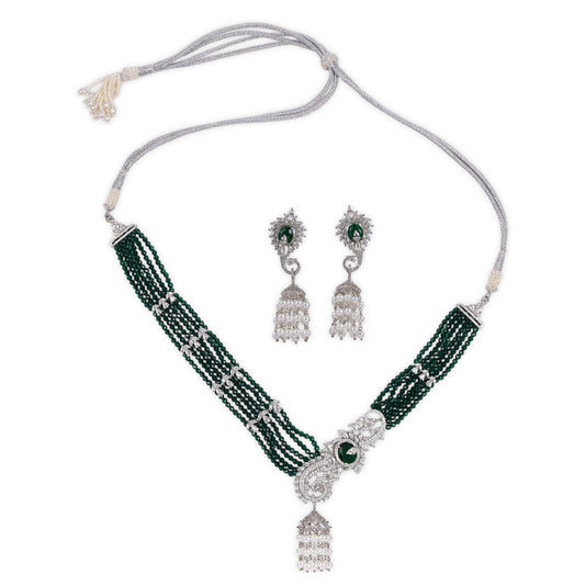 Designer AD Creation Necklace Set featuring Exquisite Hydro Green Beads, Rhodium Polished for a Stunning Finish