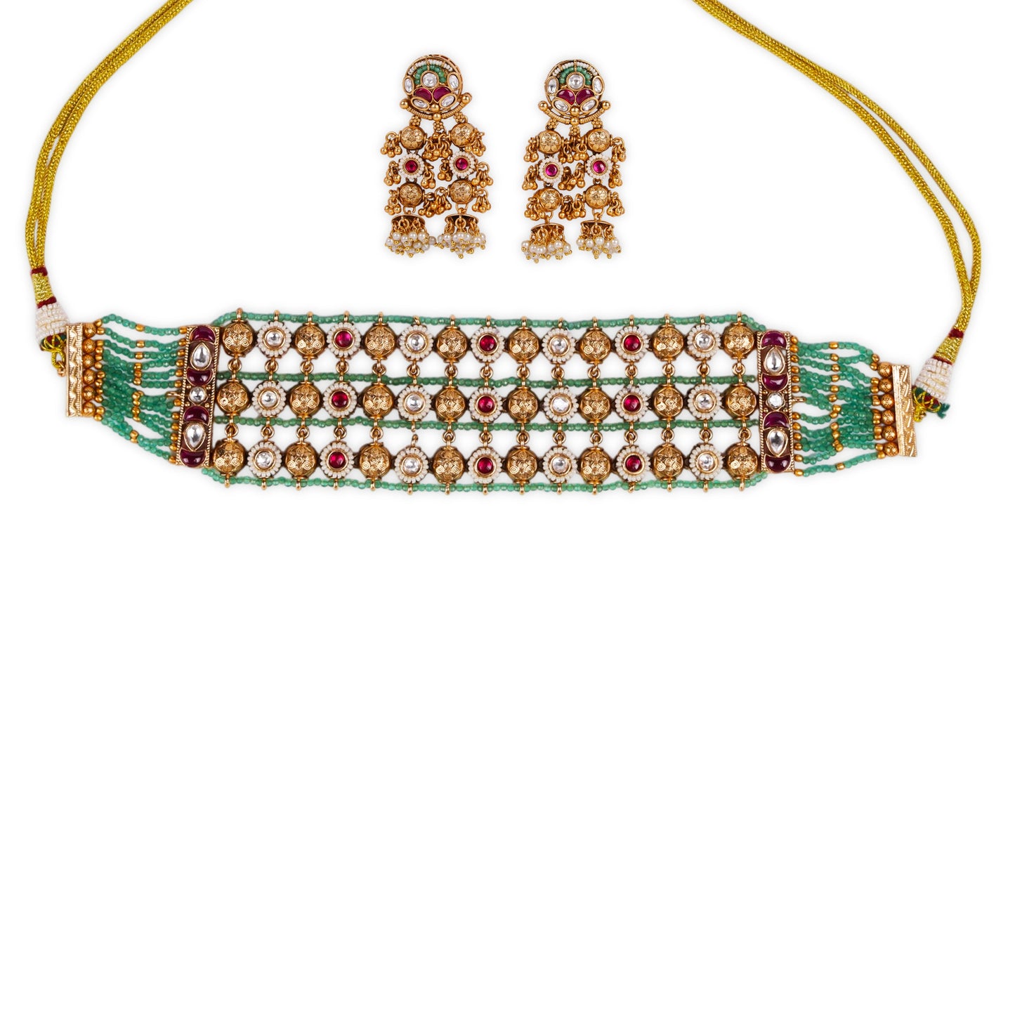 Antique Gold Polish Rajwadi Choker Set Studded with Dazzling Ruby and Kundan Stones, Enhanced by Lush Green Beads for a Regal and Rich Appeal