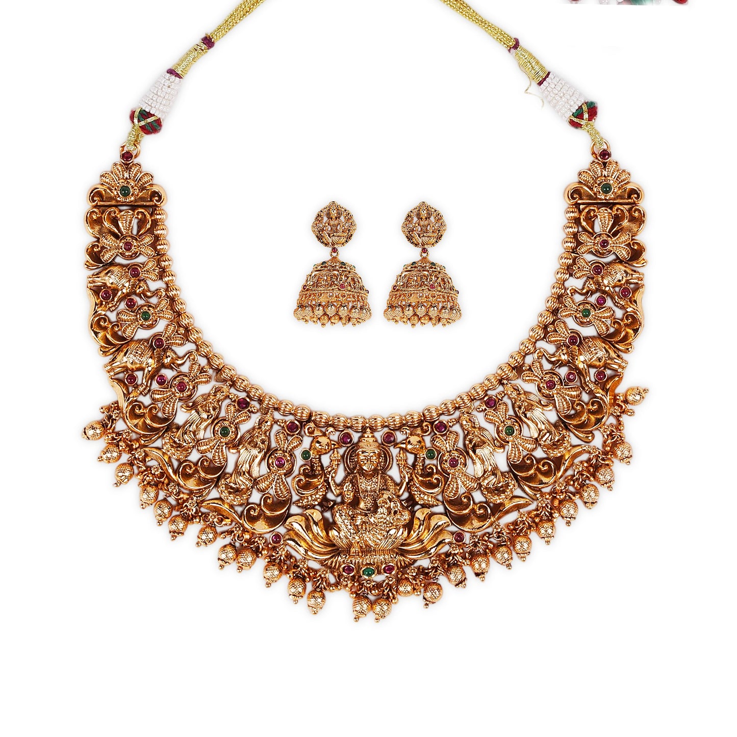 Antique Temple-Style Round Necklace featuring Goddess Lakshmi, Adorned with Ruby and Green Emerald Stones, Complemented by a Beautifully Designed Jhumka