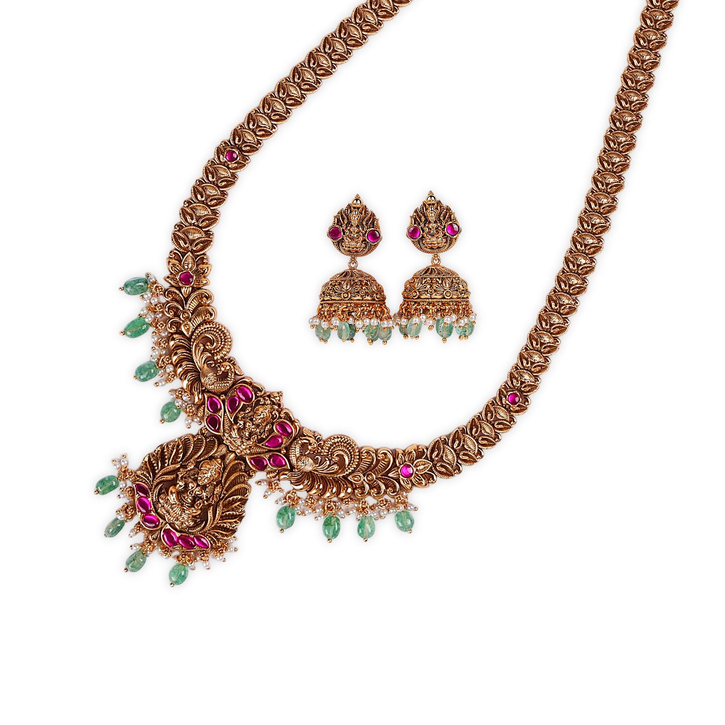 Long Antique Temple-Style Necklace with Striking Ruby, Sea Green Onyx, and Sitting Lakshmiji Pendant, Accentuated by Delicate White Pearls