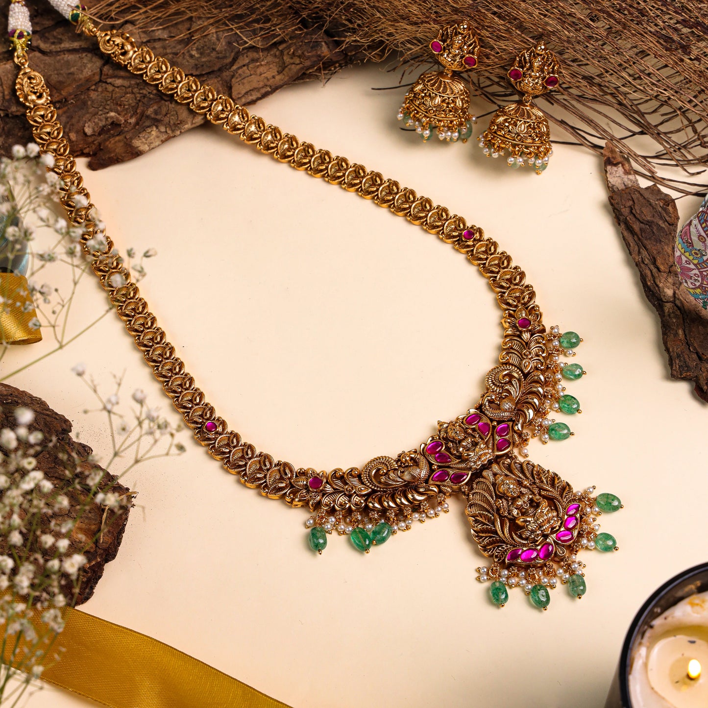 Long Antique Temple-Style Necklace with Striking Ruby, Sea Green Onyx, and Sitting Lakshmiji Pendant, Accentuated by Delicate White Pearls