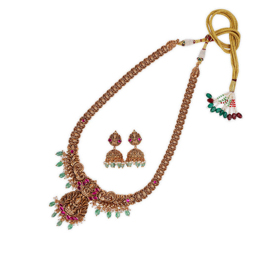 Long Antique Temple-Style Necklace with Striking Ruby, Sea Green Onyx, and Sitting Lakshmiji Pendant, Accentuated by Delicate White Pearls