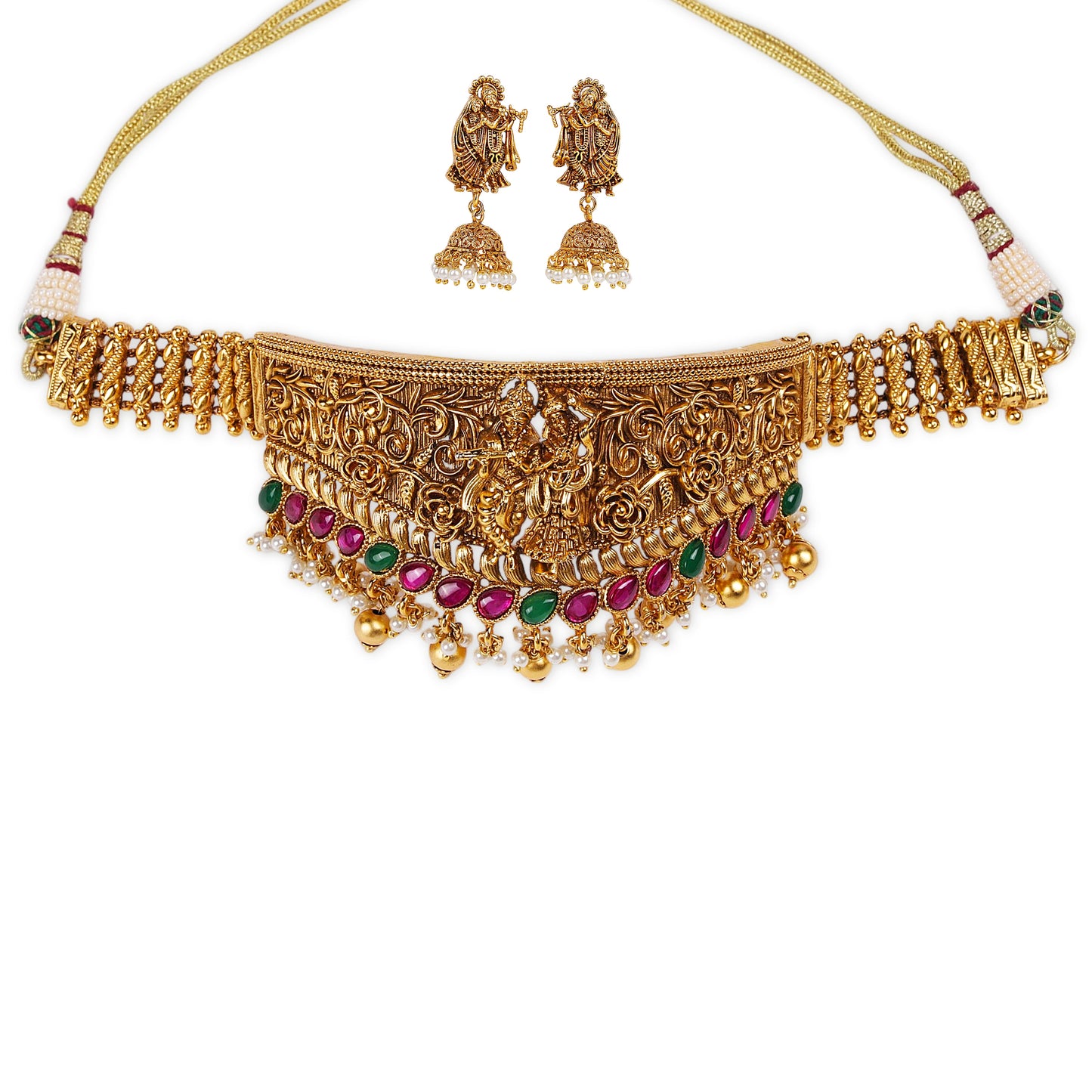 Exquisite Antique Temple-Style Choker Adorned with Ruby and Emerald Stones, Featuring a Graceful Pearl Center and Inspired by Radha Krishna, Symbolizing Love, Prosperity, and Tradition
