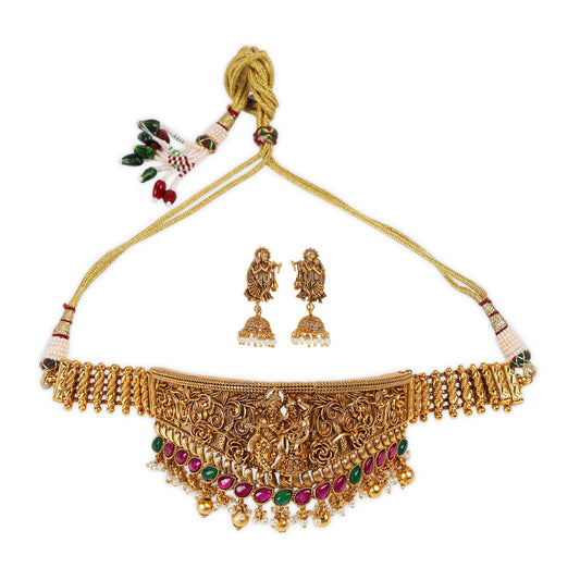 Exquisite Antique Temple-Style Choker Adorned with Ruby and Emerald Stones, Featuring a Graceful Pearl Center and Inspired by Radha Krishna, Symbolizing Love, Prosperity, and Tradition
