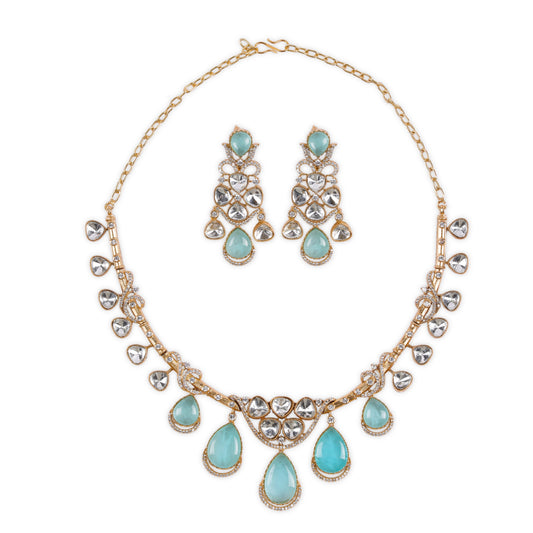 American Diamond-Studded Moissanite Kundan Jewellery Set in Elegant Brass Metal