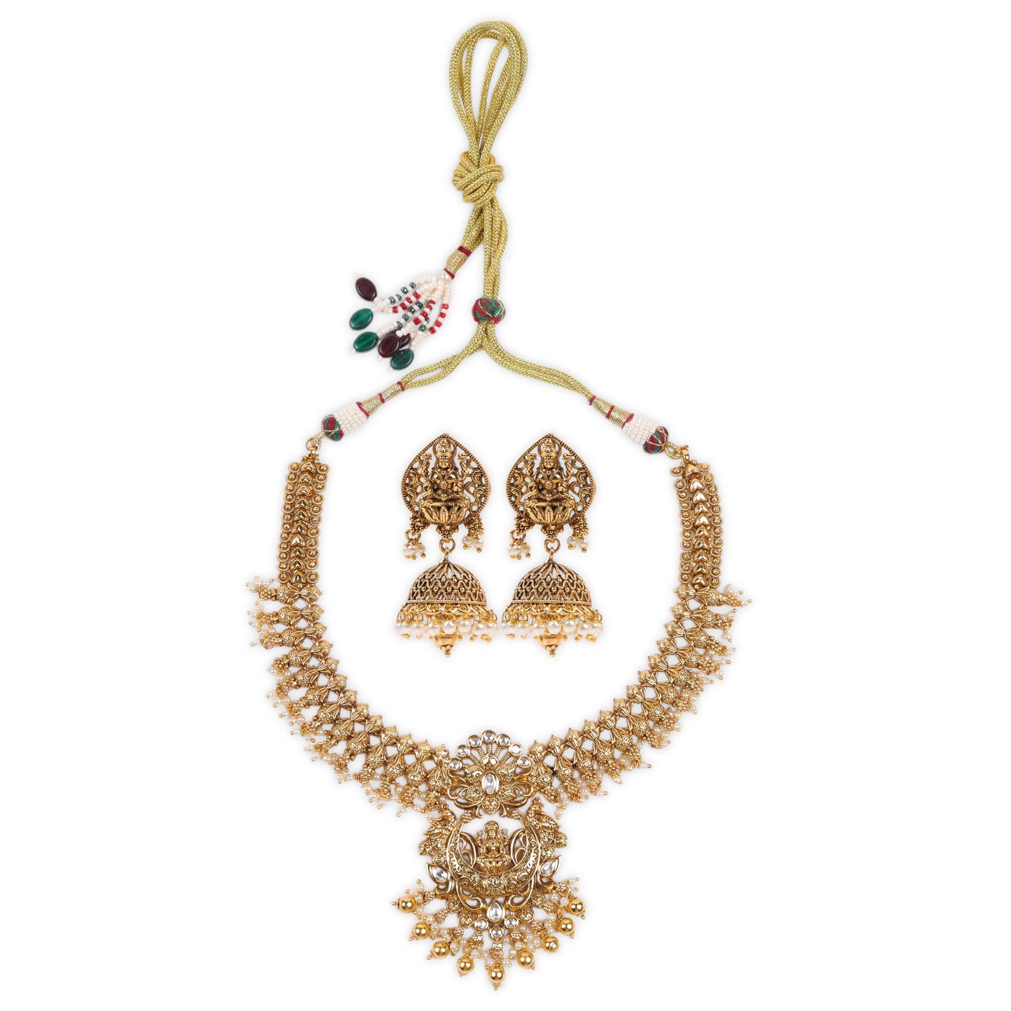 Exquisite Antique Temple-Style Necklace with Sitting Lakshmiji Pendant, Delicate Kundan Work, Lustrous White Pearls, and Matching Jhumkas