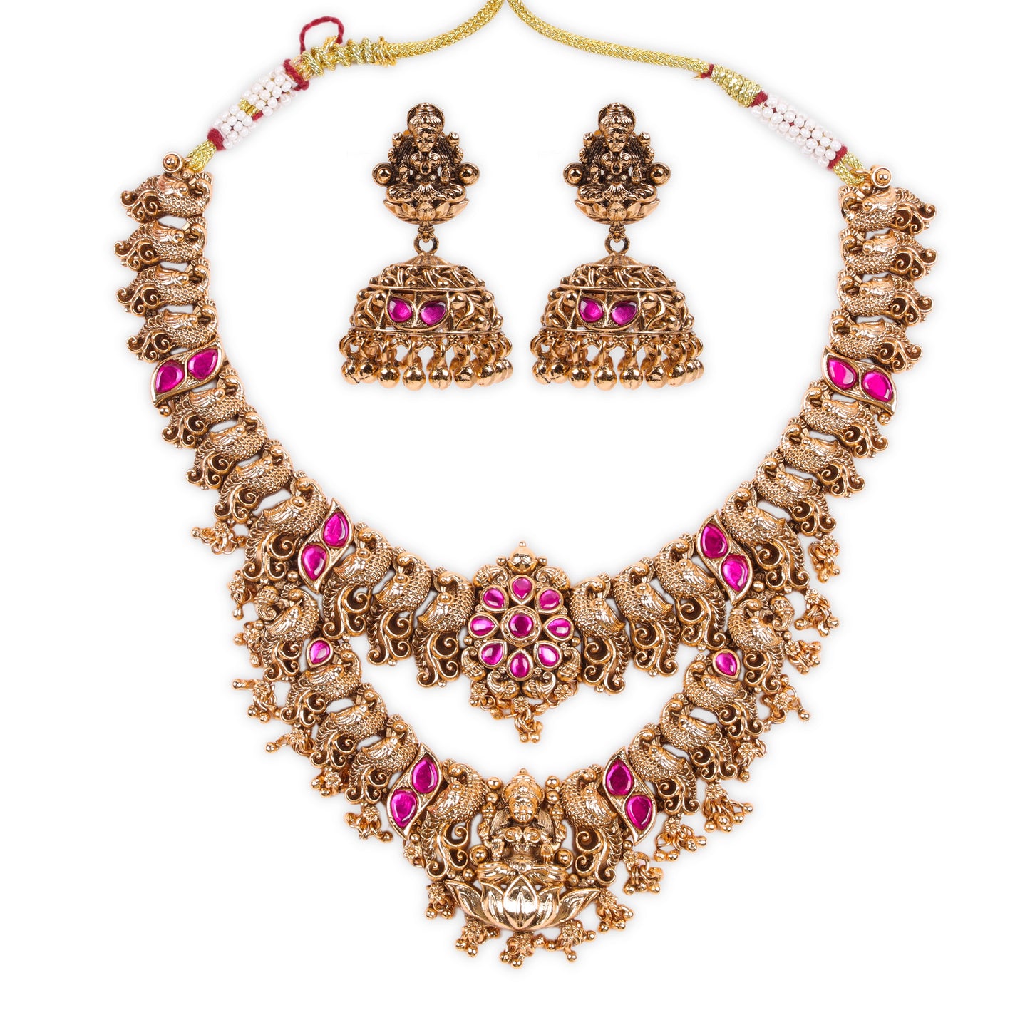 2-Layer Antique Temple style Necklace with sitting Lakshmiji pendant studded with ruby stones