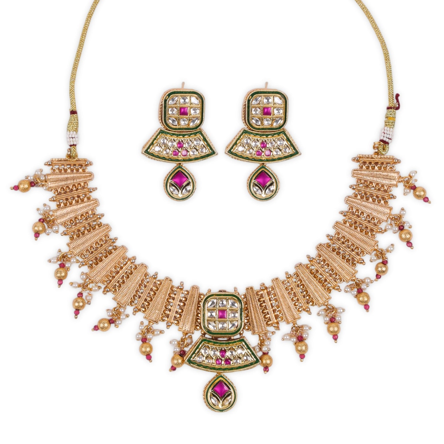 Chandan Haar Look Antique Gold Polished Rajwadi Necklace with Kundan and Ruby Stones, Accentuated by Moti Golden Droplets – A Timeless Heritage Masterpiece
