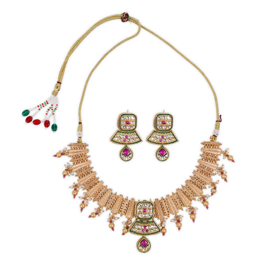 Chandan Haar Look Antique Gold Polished Rajwadi Necklace with Kundan and Ruby Stones, Accentuated by Moti Golden Droplets – A Timeless Heritage Masterpiece