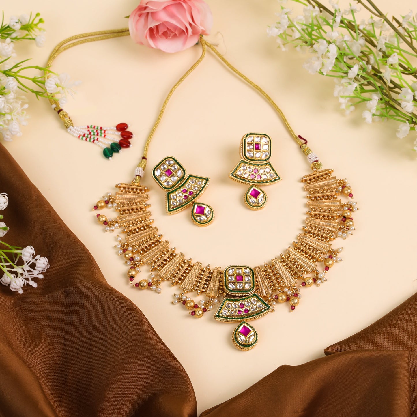Chandan Haar Look Antique Gold Polished Rajwadi Necklace with Kundan and Ruby Stones, Accentuated by Moti Golden Droplets – A Timeless Heritage Masterpiece