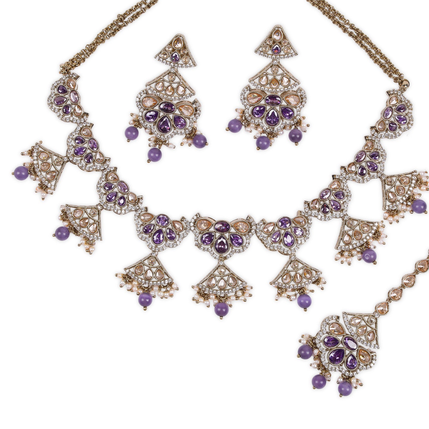 Exquisite Traditional Jewelry Set Crafted from High-Quality Brass, Adorned with Mesmerizing Purple Stones, Reverse AD (American Diamond) Embellishments