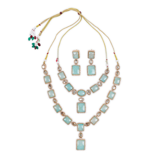 An absolute Showstopper Indo-Western Long-Short Jewelry Sets: AD & Kundan Embellishments with Bold Sea Blue Stones in Brass Metal