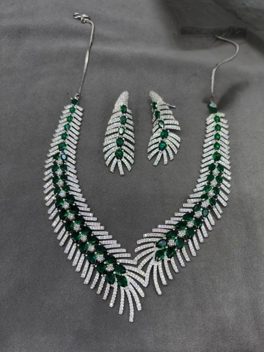 Chic Bottle Green Feather Style AD Necklace & Earrings with anti tarnish Rhodium Polished