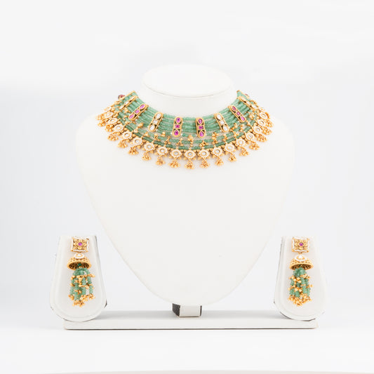Kundan studded Heritage Bandai Choker Necklace Set with Sea Green Beads & Rani Stone Accents