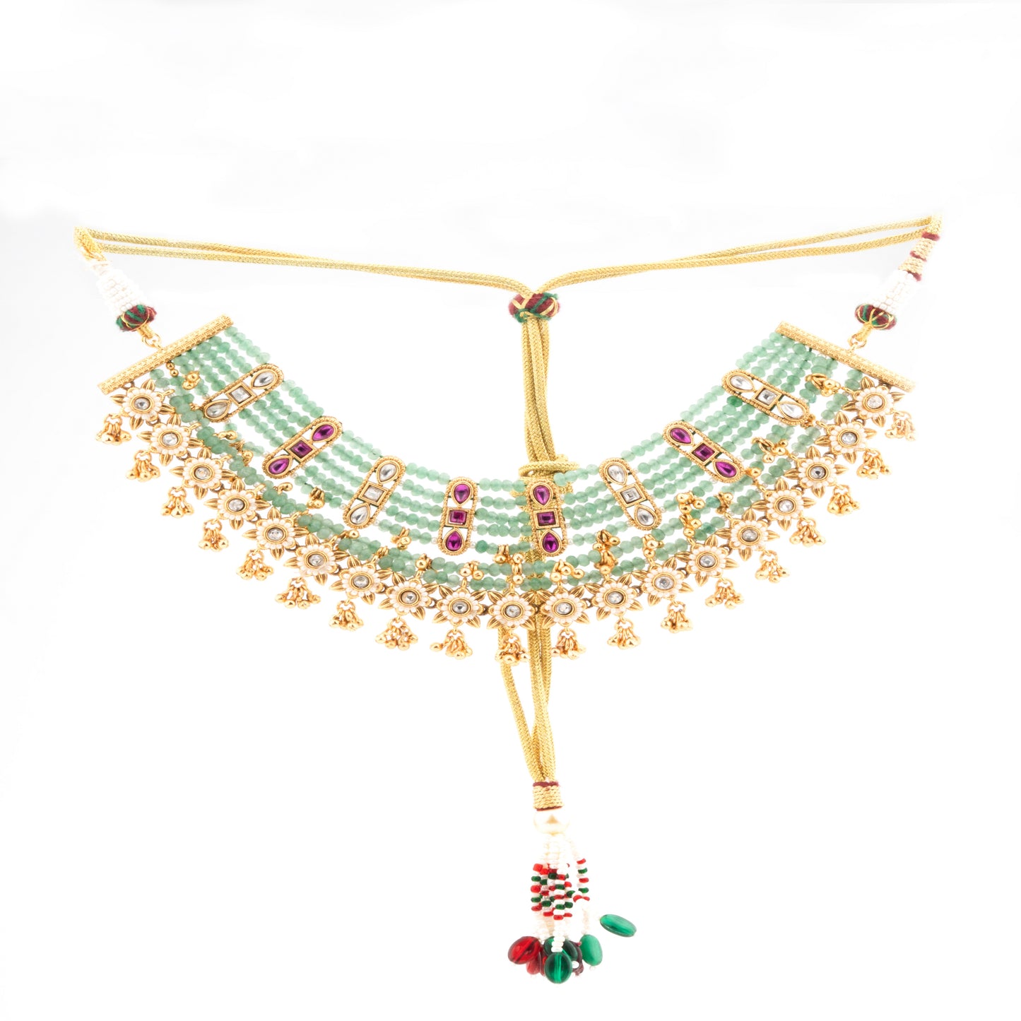 Kundan studded Heritage Bandai Choker Necklace Set with Sea Green Beads & Rani Stone Accents