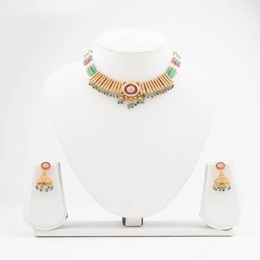 Heritage Bandai Chandan Haar Style Necklace Set in Rajwadi Gold Polish adorned with Baguette stones, American Diamonds
