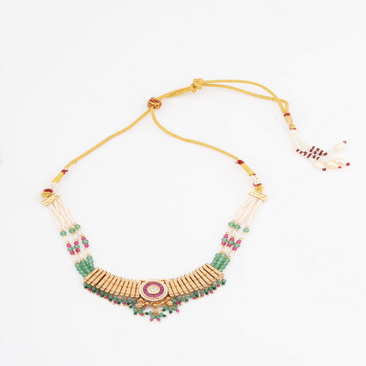 Heritage Bandai Chandan Haar Style Necklace Set with Rajwadi Gold Polish & Jhumka Earrings