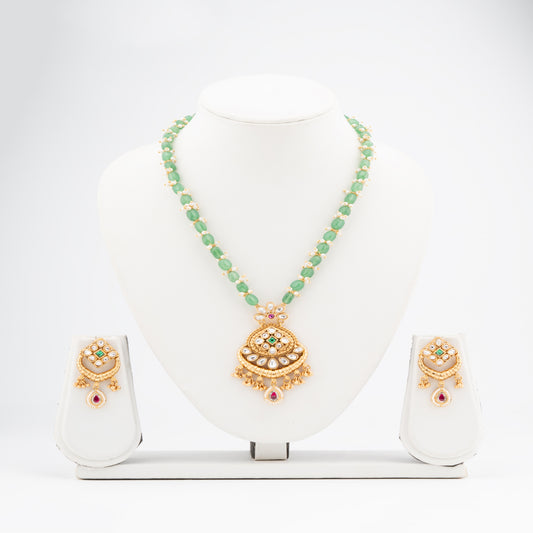 Regal Rajwadi Heritage Pendant Set with Sea Green Onyx beads & Kundan Elegance