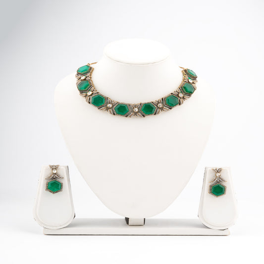 Victorian Polish Brass Necklace Set with Green Emeralds, American Diamonds & Kundan Detailing