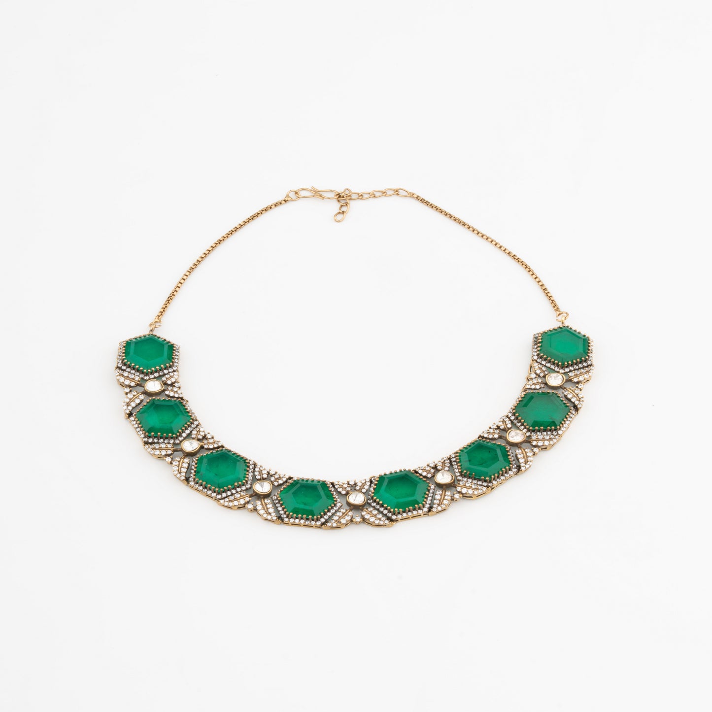 Victorian Polish Brass Necklace Set with Green Emeralds, American Diamonds & Kundan Detailing