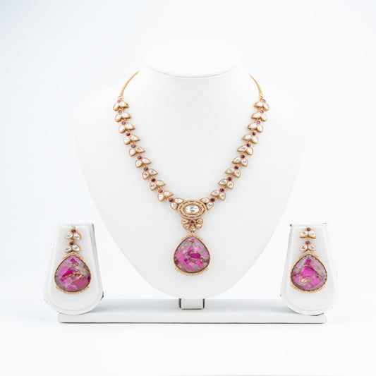 Indo western style Gold-Polished Kundan Pendant Set with Ruby color Marble Stone