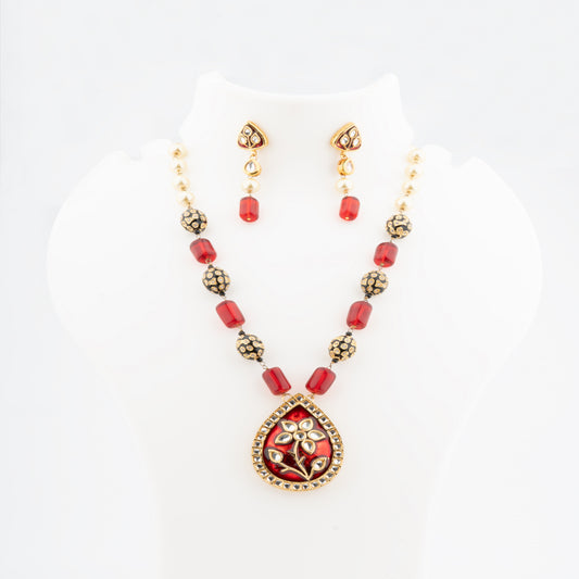 Royal Radiance: Red Meenakari Long Pendant Mala Set adorned with AD, Kundan