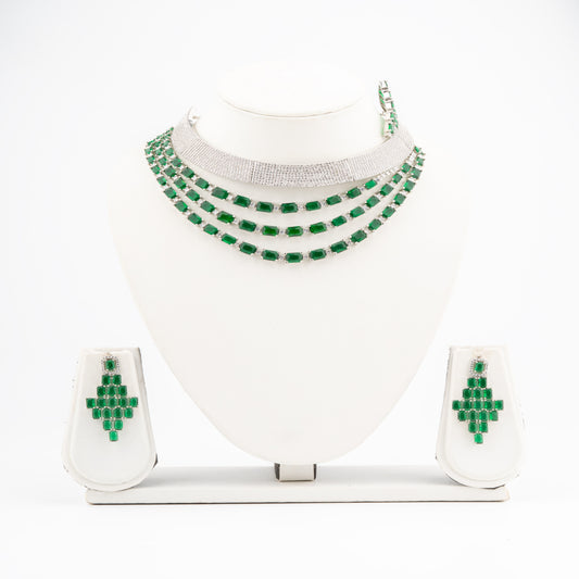 Elegant Bottle Green American Diamond Necklace Set with western designer Side collar detailing