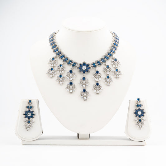 Luxurious Blue Radiance-A bold and symmetrical chandelier-style layout American Diamond Necklace & Earrings Set