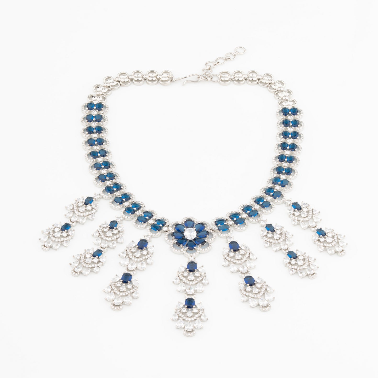 Luxurious Blue Radiance-A bold and symmetrical chandelier-style layout American Diamond Necklace & Earrings Set