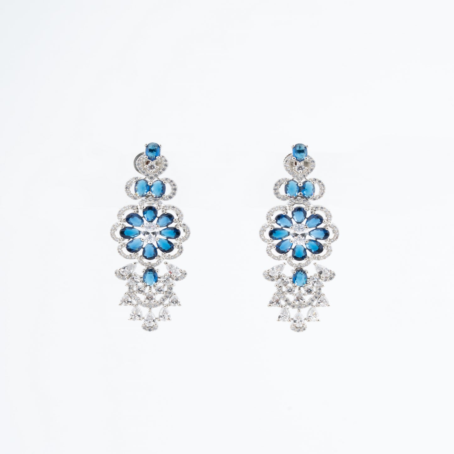 Luxurious Blue Radiance-A bold and symmetrical chandelier-style layout American Diamond Necklace & Earrings Set