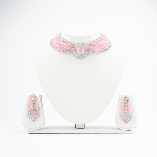 Victorian-Style Bandai American Diamond Choker Necklace Set with Baby Pink Beads