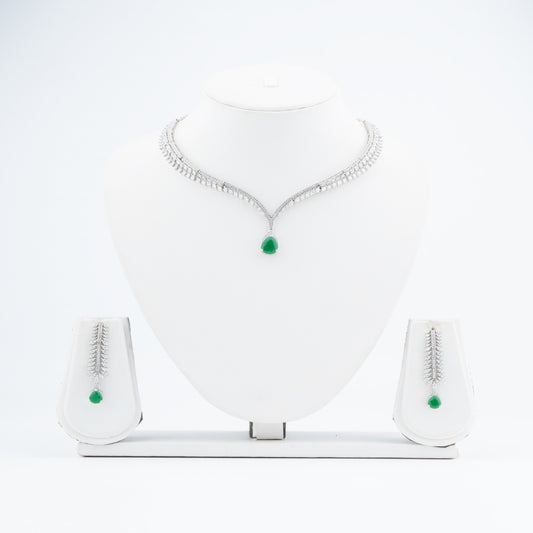 Ethereal Grace: Rhodium-Plated American Diamond Necklace set with Emerald Drops