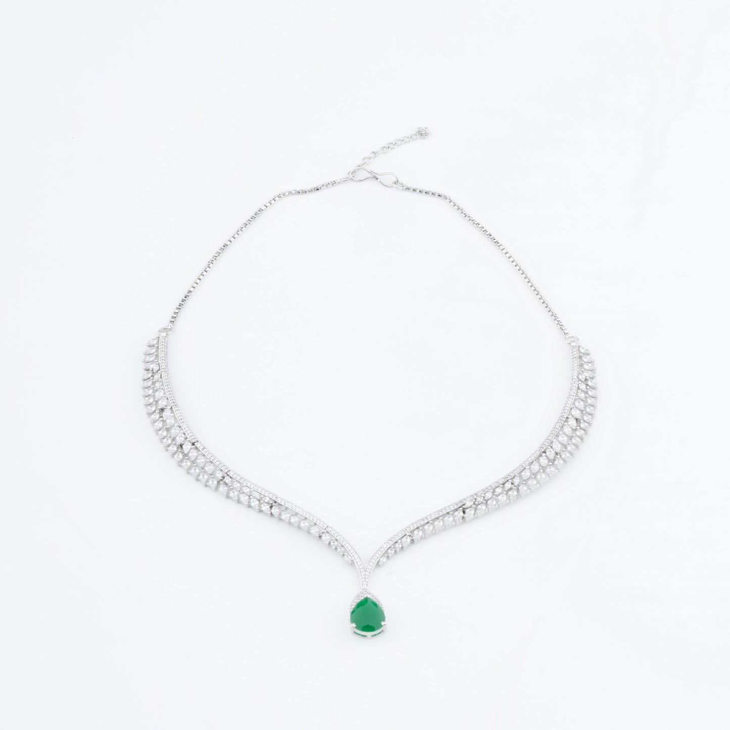 Ethereal Grace: Rhodium-Plated American Diamond Necklace set with Emerald Drops