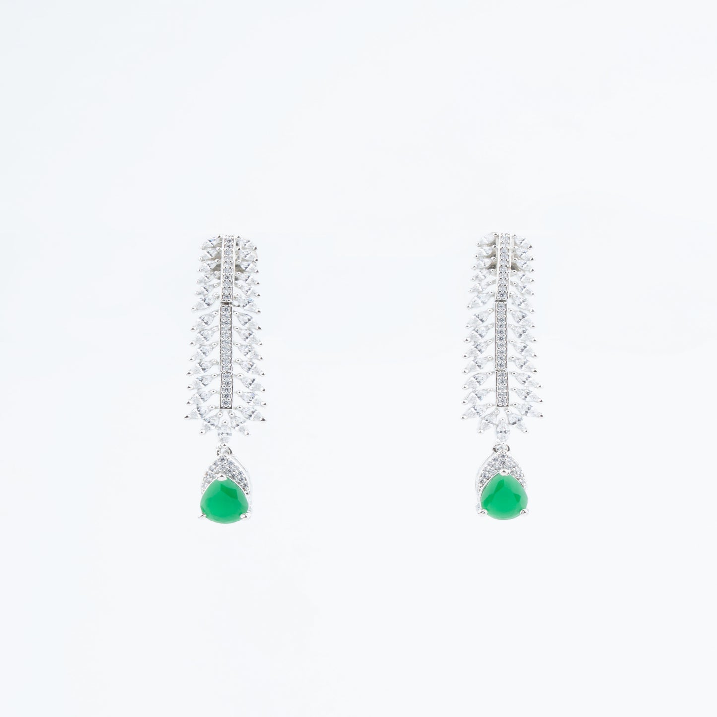 Ethereal Grace: Rhodium-Plated American Diamond Necklace set with Emerald Drops