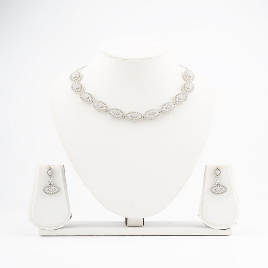 American Diamond Necklace Set detailing oval shaped motifs with Rhodium Polish on Brass