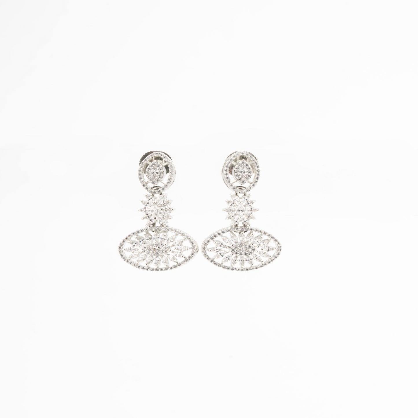 American Diamond Necklace Set detailing oval shaped motifs with Rhodium Polish on Brass