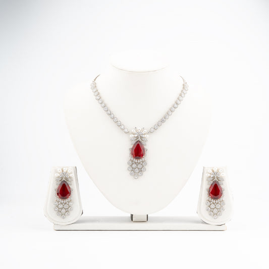 Timeless Glamour: Rhodium-Plated Maroon Stone Necklace Set with Pearls & American Diamonds