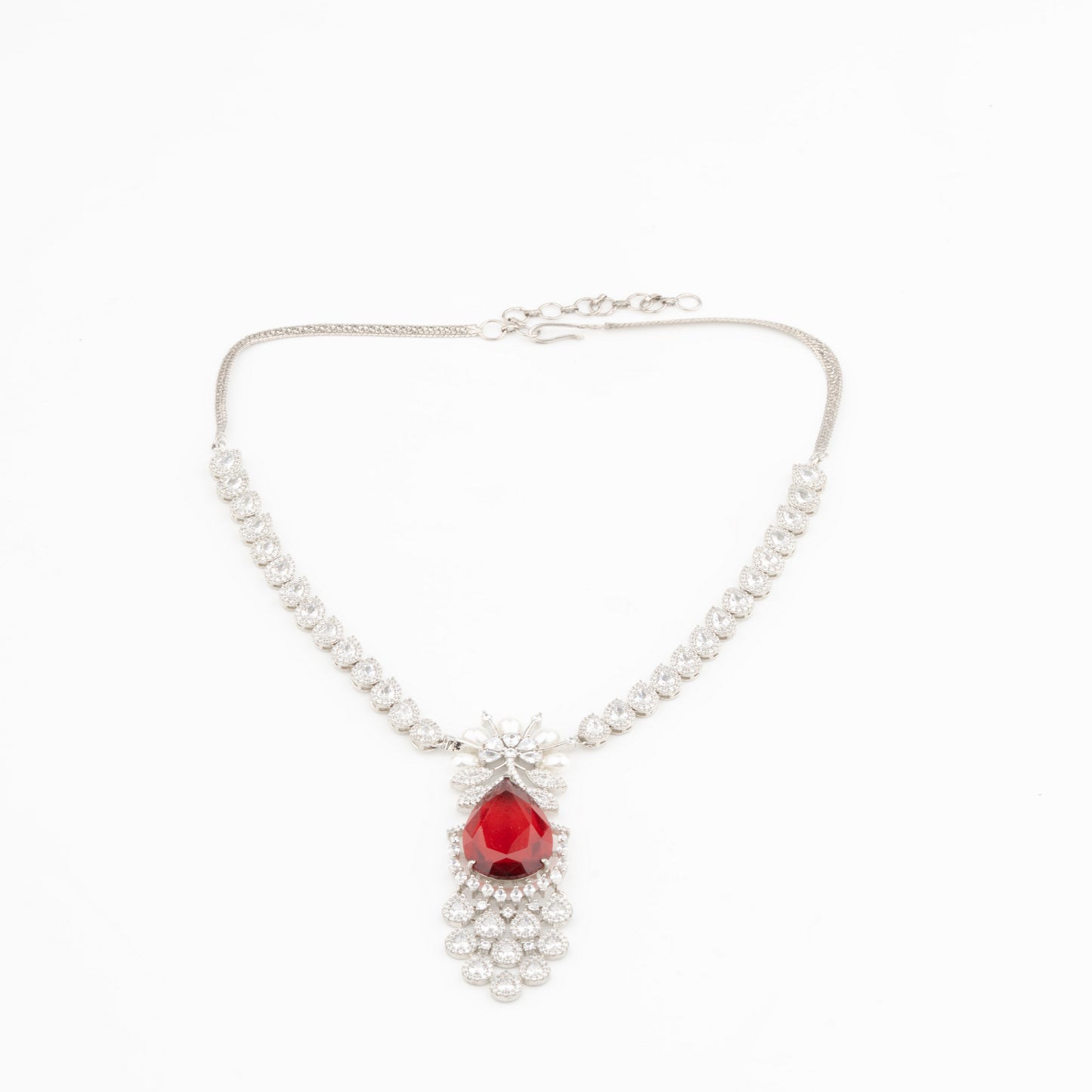 Timeless Glamour: Rhodium-Plated Maroon Stone Necklace Set with Pearls & American Diamonds