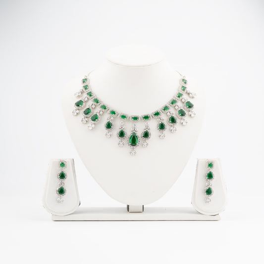 Regal Emerald Radiance – American Diamond Necklace & Earrings Set